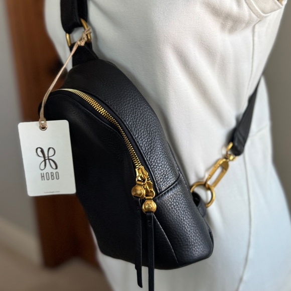 Fern Sling HOBO Black Pebble 100% Leather Crossbody w/Brass Hardware Adjustable - Picture 8 of 9